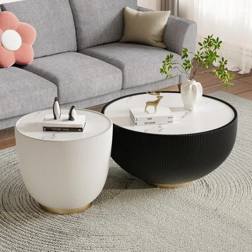 Vista 9 de Mesa auxiliar redonda de 29.53 pulgadas, mesas de cóctel modernas con textura vertical decorativa, mesas centrales de cuenco negro de 29.53