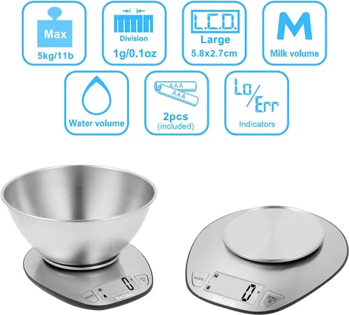 Vista 7 de BAGAIL - Báscula digital de cocina con cuenco de acero inoxidable, 11 lb/5kg 7 Weight Units, Large Clear Display, Gram Scale, For Baking &