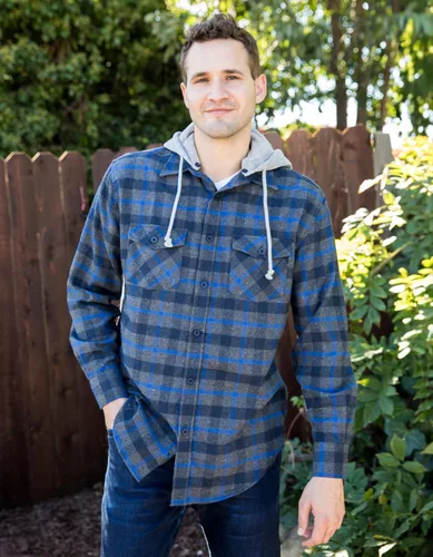 Vista 3 de Gioberti Camisa de franela a cuadros de algodón 100% para hombre con capucha extraíble y botones 100 – negro/azul real/gris.