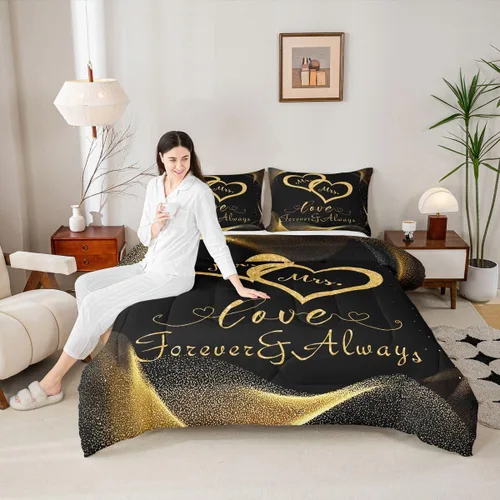 Vista 3 de Erosebridal Juego de edredón para parejas, juego de ropa de cama tamaño individual con lentejuelas doradas con purpurina dorada, edredón acolchado