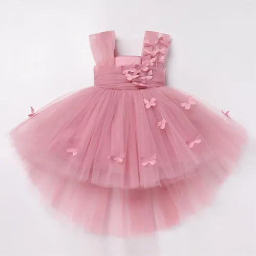 Vista 5 de Vestido tutú de tul para niña pequeña, vestido de mariposa y flores para niña, trajes formales de cumpleaños, vestidos de pastel