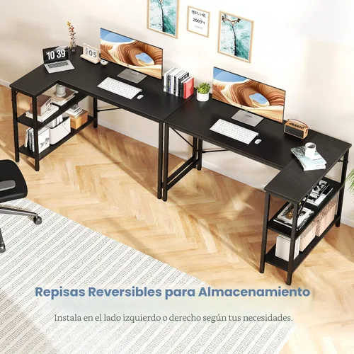 Vista 4 de DUMOS Escritorio esquinero para computadora en forma de L de 47 pulgadas, mesa de juegos para PC con estantes de almacenamiento reversibles, muebles