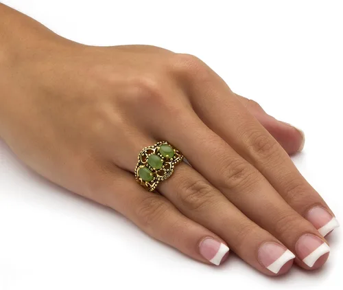 Vista 3 de PalmBeach - Anillo de 3 piedras de jade verde genuino chapado en oro amarillo antiguo con forma ovalada, tallas 5-10