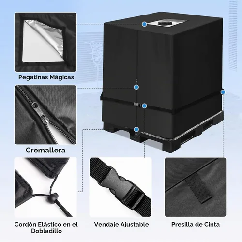 Vista 2 de NEVERLAND Funda para IBC Tote 275 Galones, 420D Cubierta para Tanque de Agua, Negra, Protector Solar para Tote, Resistente al Agua, Compatible