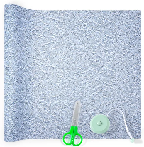 Vista 11 de Revestimiento de estante de 12 x 120 pulgadas con tijeras y cinta métrica para armarios de cocina, forro de cajón de PVC para tocador de baño, Negro