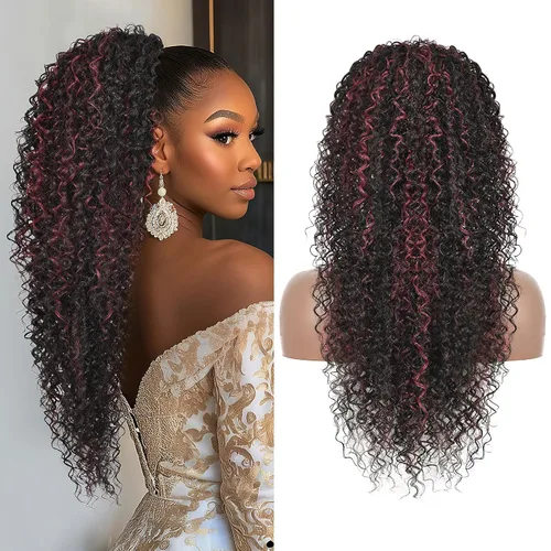 Vista 10 de Youthfee Cola de caballo con cordón para mujer, cola de caballo rizada profunda, sintética mezclada con cabello humano, negro natural, afro, rizado
