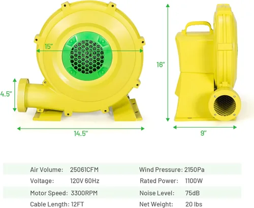 Vista 2 de Costzon Soplador de aire, soplador de 1.5 HP para casa de rebote, ventilador de bomba de 1100 W, soplador inflable comercial, perfecto para casa
