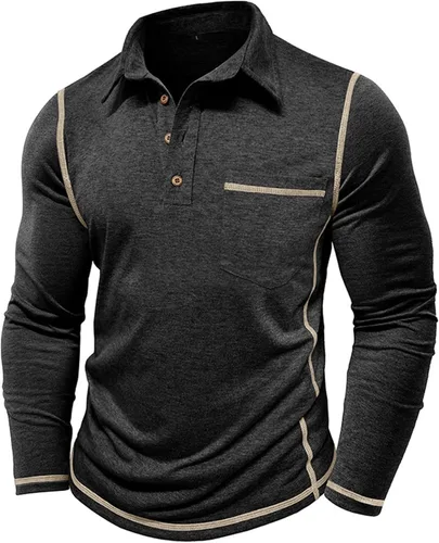 Vista 2 de Polo para hombre, manga larga, cuello clásico, algodón, botón básico, elegante, con bolsillo en el pecho