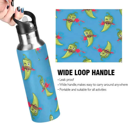 Vista 4 de Stainless Steel Vacuum Insulated Water Bottle 20 Oz, BPA-Free Sports Water Bottle for Gym Outdoor Travel School, Green Chili Peppers