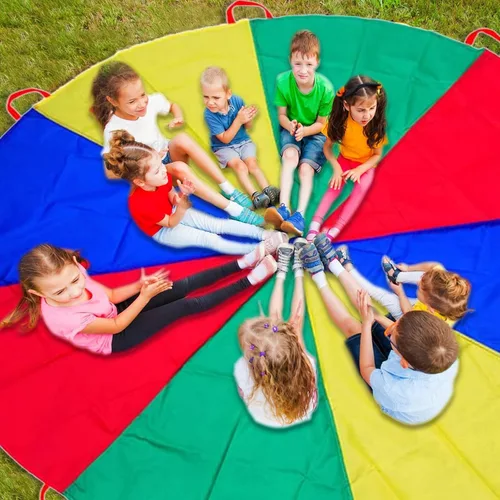 Vista 7 de Paracaídas de 13 pies/16.4 pies/20 pies - Paracaídas de gimnasia para niños con asas para juegos cooperativos en grupo, para interiores