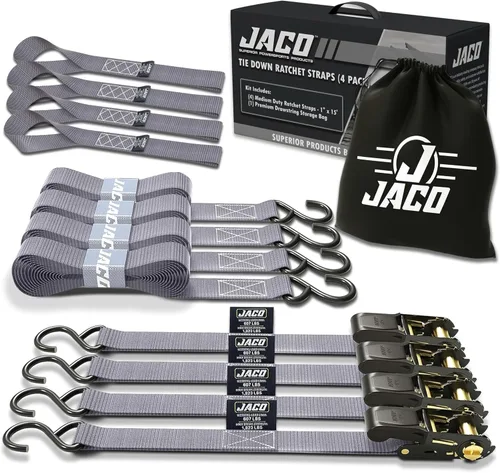 Vista 8 de JACO - Correas de amarre con trinquete, 1 pulgada x 15 pies (paquete de 4) 1,823 libras (negro)