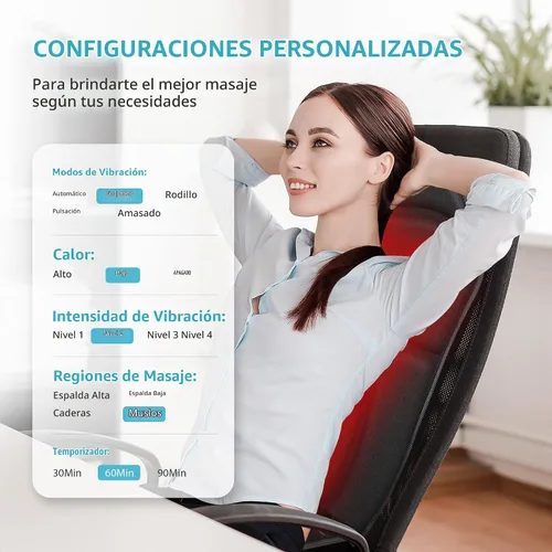 Vista 5 de Almohadilla para silla de masaje de espalda, masajeador de espalda con calor, 5 modos de vibración y 2 niveles de calor, cojín de asiento de masaje