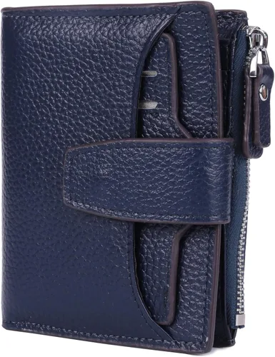 Vista 6 de AINIMOER - Cartera de piel con bloqueo RFID para mujer, tamaño pequeño, compacta, doble zíper, con ventana para identificación