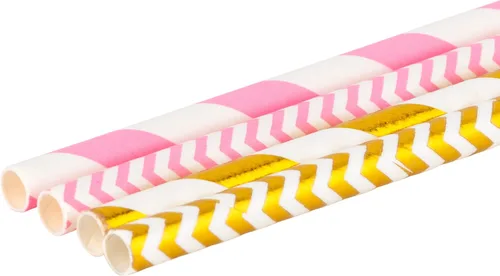 Vista 6 de DuraHome - Paquete de 200 pajitas de papel biodegradables con diseño de rayas doradas y rosas de 8.25 pulgadas para uso diario, fiesta de Dorado