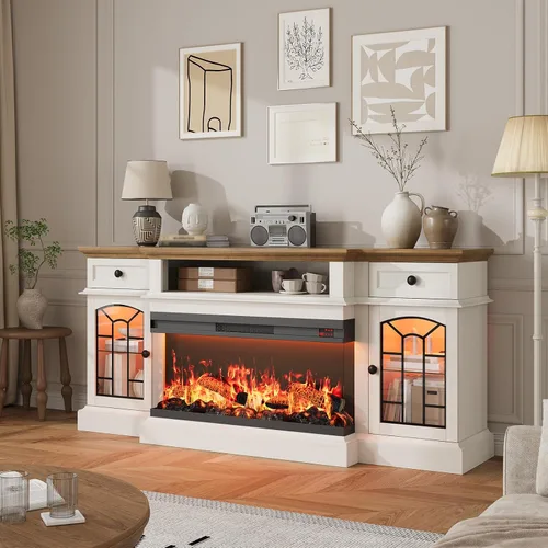 Vista 10 de QUW - Soporte de TV con chimenea estilo granja de 70 pulgadas para televisores de hasta 80 pulgadas, centro de entretenimiento con chimenea