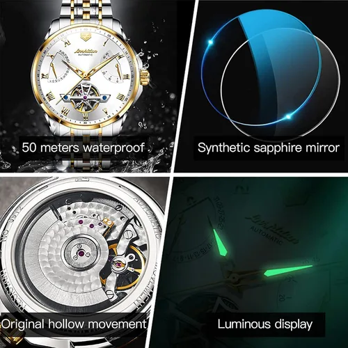 Vista 6 de OLEVS Relojes de pulsera Pro Diver para hombre correa de acero inoxidable de dos tonos impermeables relojes mecánicos automáticos para hombre lujo