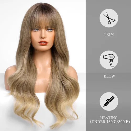 Vista 4 de HAIRCUBE Peluca de color marrón a rubio con flequillo para mujer, peluca de cabello largo ondulado marrón y rubio, pelucas sintéticas rizadas