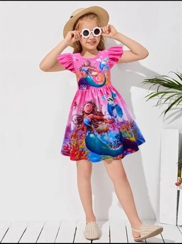 Vista 2 de Vestido de sirenita para niñas, vestidos de princesa de dibujos animados, manga con vuelo, ropa de juego elegante con swingdress 4-9 años