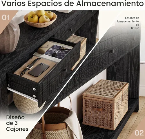 Vista 4 de Tribesigns Mesa de entrada extra larga de 70.9 pulgadas con 3 cajones, mesa consola de sofá con estantes de almacenamiento abiertos, mesas de madera
