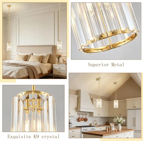 Vista 7 de 1 Pack Crystal Pendant Lights Kitchen Island,Modern Gold Pendant Light Fixtures,Adjustable Hanging Lighting for Kitchen Island Dining Room Bar Foyer