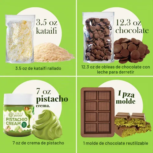Vista 2 de Kit de DIY para Barra de Chocolate de Dubái – Incluye molde, 12.3 oz de obleas para derretir, 3.5 oz de kataifi, 7 oz de crema de pistacho – Kit