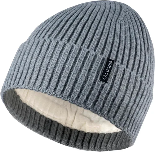 Vista 8 de Ocatoma Gorro para hombre y mujer, cálido gorro de invierno tejido con puños, suave y cálido, gorro de esquí unisex Camello gris