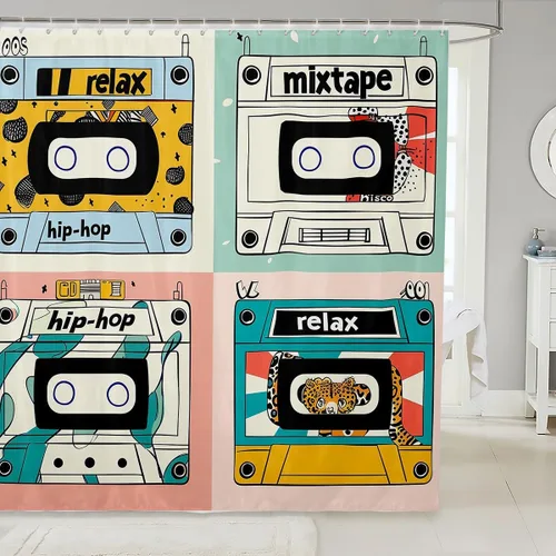 Vista 9 de Cortina de ducha retro de los años 90 para niños, 72 pulgadas de ancho x 72 pulgadas de largo, cinta de cassette geométrica Memphis, cortina