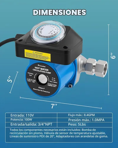 Vista 9 de Bomba de recirculación de agua caliente instantánea con válvula de derivación ajustable de acero inoxidable para calentadores de agua de tanque