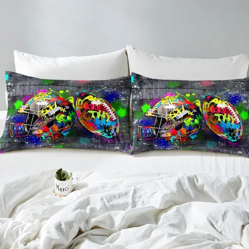 Vista 6 de Erosebridal Graffiti Rugby Ball Sheets for Boys Girls Colorful Rugby Helmet Fitted Sheet,Sports Kids Bedding Sets Football Game Bed Sets Twin 2 Piece