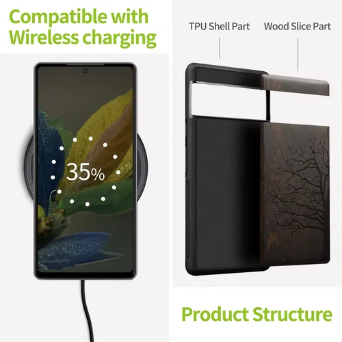 Vista 4 de Carveit Funda de madera para Pixel 7a [madera natural y TPU suave negro] a prueba de golpes, funda protectora de madera única y elegante compatible