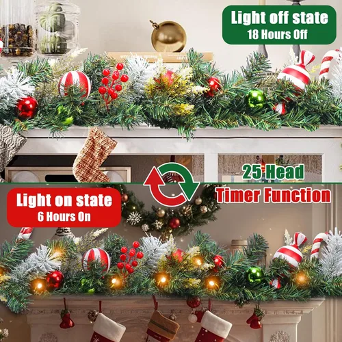 Vista 2 de Guirnalda de Navidad Iluminada para Interiores y Exteriores, Decoraciones de Guirnaldas de Navidad Artificiales con Luz de Repisa, Bastón