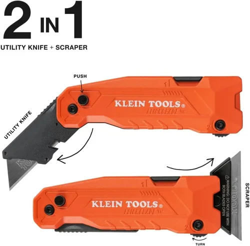 Vista 2 de Klein Tools 44306 FLICKBLADE - Cuchillo utilitario plegable 2 en 1 y raspador con almacenamiento de cuchillas integrado, posiciones de bloqueo