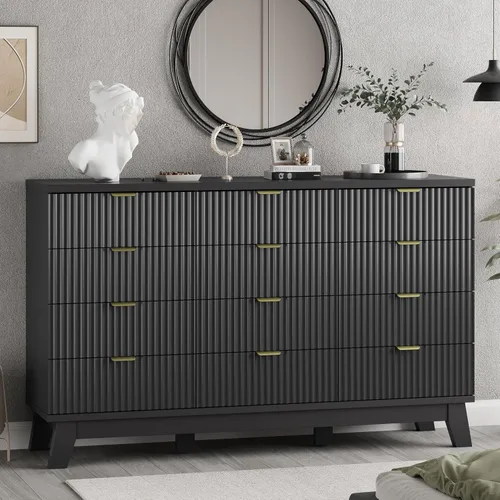 Vista 34 de Cómoda acanalada para dormitorio con 3 cajones, cómoda moderna de 24 pulgadas de ancho con mango de metal, soporte de TV de madera, armario de Negro