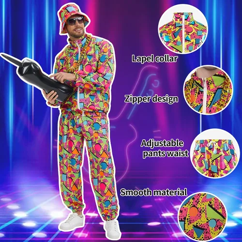 Vista 4 de Traje de los años 80 y 90 para hombre, traje deportivo con accesorios de disfraz de hip hop para fiestas temáticas de Halloween de los años 80.