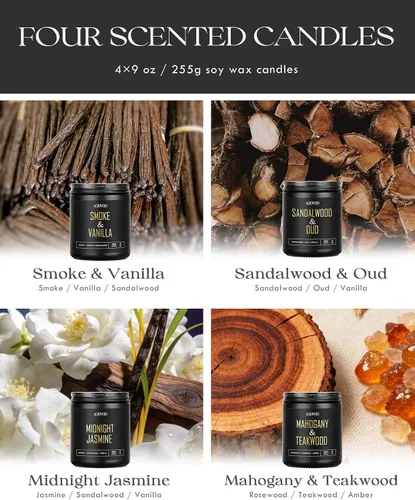 Vista 4 de Velas perfumadas para hombres – Paquete de 4 velas para el hogar, cera de soja de 36 onzas, tiempo de combustión de 200 horas, juego de velas