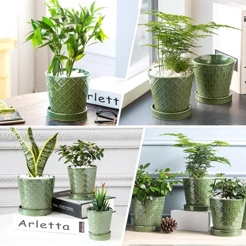 Vista 7 de Macetas de cerámica, macetas de 4+5+6 pulgadas para plantas de interior, macetas con agujeros de drenaje y bandeja de cerámica, macetas