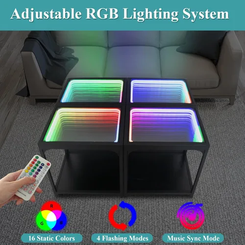 Vista 4 de FUSLITE Mesa de luz de espejo infinito, mesas de centro para sala de estar, con espejo de ilusión infinita 3D, mesa auxiliar RGB, con luz de túnel