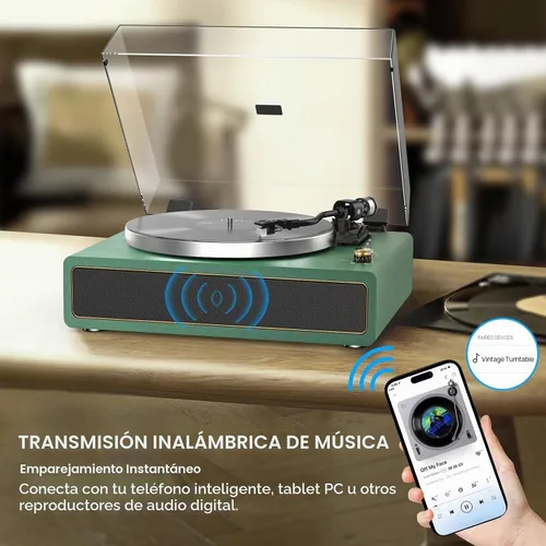 Vista 4 de Tocadiscos con altavoces incorporados, reproductor de discos de vinilo con soporte para reproducción Bluetooth, parada automática, velocidad de 33
