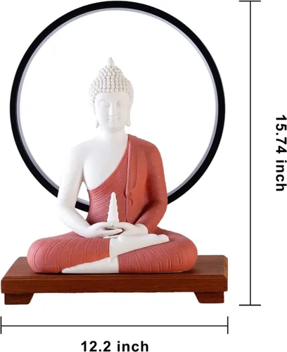 Vista 6 de QINLANG Estatua de Buda roja de 12 pulgadas y lámpara de mesa circular LED de 15.74 pulgadas, estatuas de Buda de interior para decoración del hogar