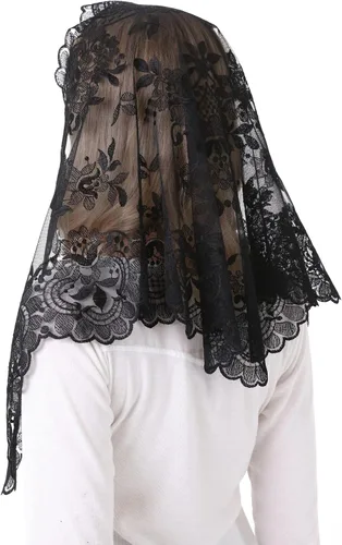 Vista 6 de Cabeza Tradicional Bordado Mantilla Encaje Triángulo Mantilla Velo Latino Masa