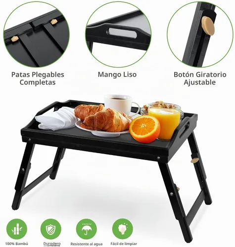 Vista 8 de Mayyol Bandeja de Desayuno para Comer en la Cama - Mesa de Comida Elevada con Altura Ajustable - Bandeja de Servir de Bambú para Regazo/Sofá Negro