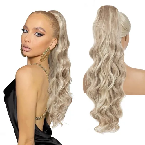 Vista 12 de Extensiones de cabello sintético ondulado con cordón para cola de caballo de 26 pulgadas, para mujer, castaño medio ceniza, rubio ceniza