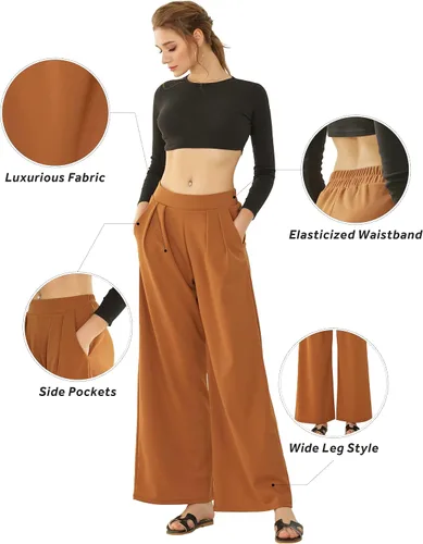 Vista 2 de noflik Women's Business Casual Pull On Work Office Stretch Crepe Solid High Waist Pleated Wide Leg Full Legth Palazzo Pants