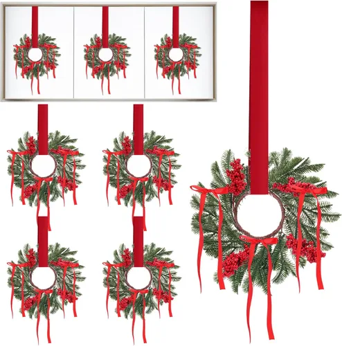 Vista 10 de Lyrow 8 piezas 20 cm Mini coronas de Navidad para gabinete de cocina con lazo de cinta, hojas artificiales, bayas, coronas colgantes para decoración