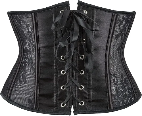 Vista 3 de SHYMMUO Womens Black Underbust Corset Satin Boned Waist Training Cincher Lace Corset Lingerie Set