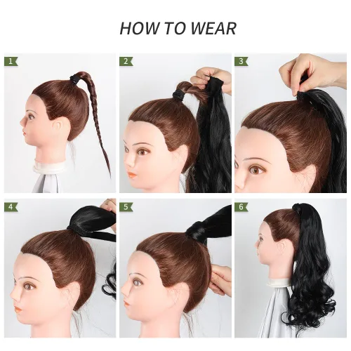 Vista 8 de Extensiones de cola de caballo, extensión de cola de caballo negra de 16 pulgadas, corta, ondulada, rizada, envolvente, resistente al calor