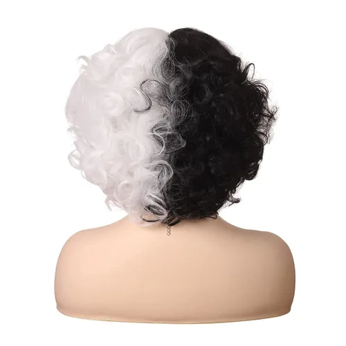 Vista 5 de Peluca corta mitad negra, mitad blanca, rizada, con collar y máscara, para mujer