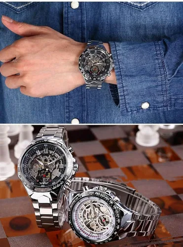 Vista 4 de Fanmis Reloj automático de acero inoxidable con esfera analógica de esqueleto ruso para hombre, Negro -, Classic