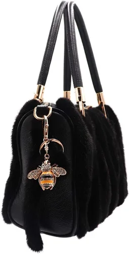 Vista 2 de surell Genuine Mink Fur Pom Bumble Bee Bling Keychain - Bag Beach Purse Charm - Bumblebee Pocketbook Accessory