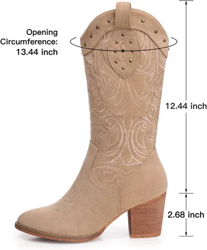 Vista 5 de SHIBEVER Botas vaqueras vaqueras para mujer bota de media pantorrilla con punta occidental con tacón grueso bordado de gamuza